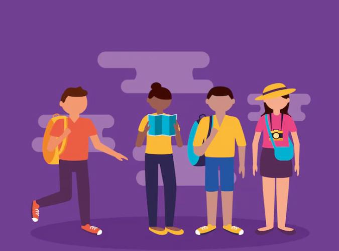 Ilustración a color. Dos chicos y dos chicas con mochilas. Una de las chicas está mirando un mapa y la otra lleva una cámara de fotos colgada al cuello.